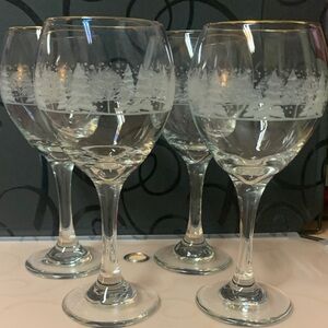 Set (4) Elegant Clear Wine/Tea/Water Glasses w/Frosted Tree & Gold Rim Accent